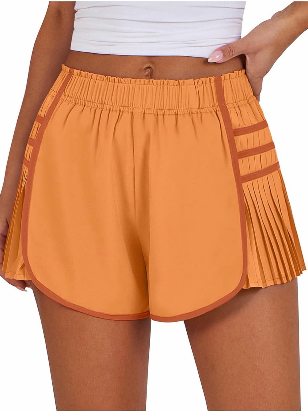 Amazon Orange Athletic Pleated Side-Panel Shorts